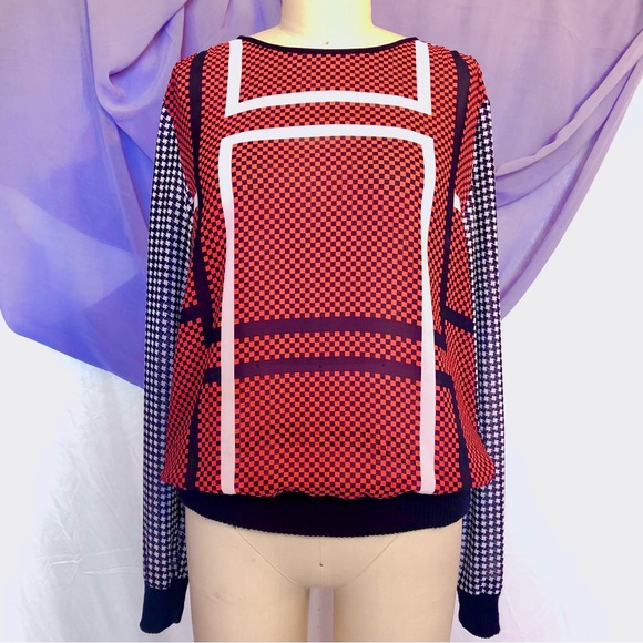 Michael KORS semi sheer houndstooth white blue red print size xsmall knit cuff - Picture 3 of 7